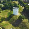 View from Fredericia Ramparts with bastion and city in the background – historic fortress in Denmark.